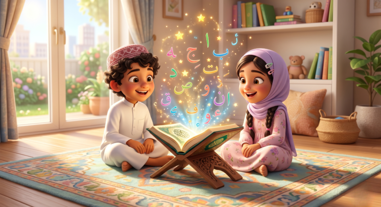 أطفال يبتسمون ويطبقون خطة تعليم القرآن للأطفال بطريقة تفاعلية وممتعة.