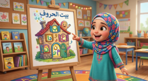 شرح مخارج الحروف للأطفال بقصة بيت الحروف لتبسيط التجويد