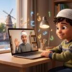 طفل مسلم في هولندا يتعلم القرآن أون لاين بسعادة مع معلم أزهري عبر اللابتوب ويظهر منزل هولندي من النافذة