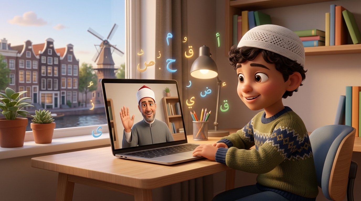 طفل مسلم في هولندا يتعلم القرآن أون لاين بسعادة مع معلم أزهري عبر اللابتوب ويظهر منزل هولندي من النافذة