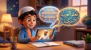 معلم أزهري يشرح القرآن لطفل يتحدث الهولندية باستخدام وسائل تفاعلية مضيئة