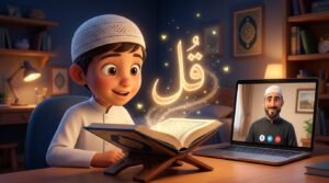 طفل مسلم منبهر بكلمة "قل" العربية تخرج مضيئة من صفحات المصحف الشريف