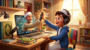  طفل سعيد يتفاعل مع معلم أزهري عبر الإنترنت أثناء حصة حفظ القرآن