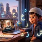 طفل مسلم في أمريكا يتعلم القرآن أون لاين بسعادة مع معلم أزهري عبر اللابتوب