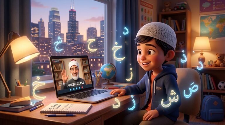 طفل مسلم في أمريكا يتعلم القرآن أون لاين بسعادة مع معلم أزهري عبر اللابتوب