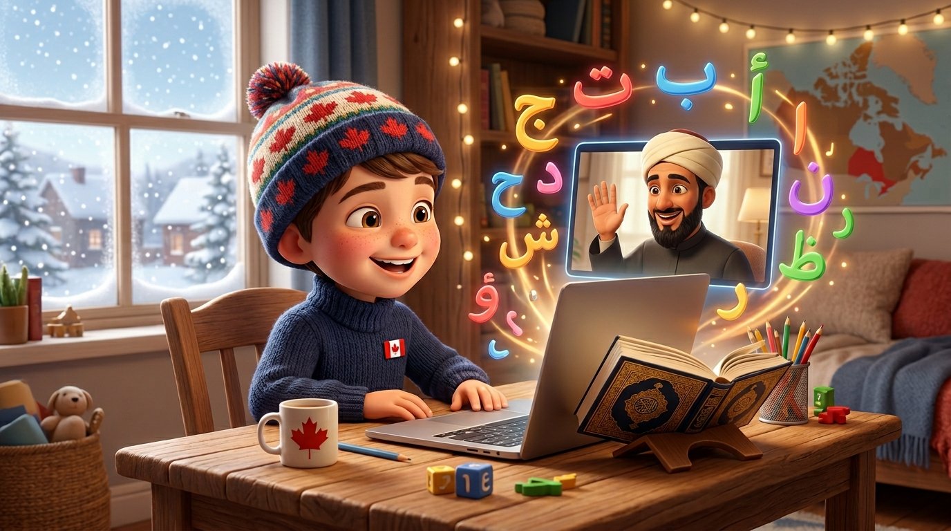 طفل مسلم في كندا يتعلم القرآن أون لاين بسعادة مع معلم أزهري عبر اللابتوب