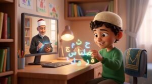 طفل مسلم يحل لغزاً لحروف عربية مضيئة أثناء حصة تقييم مع معلم أزهري