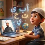 طفل مسلم يبتسم وينظر بفضول إلى حروف عربية مضيئة مع معلم أزهري عبر الشاشة