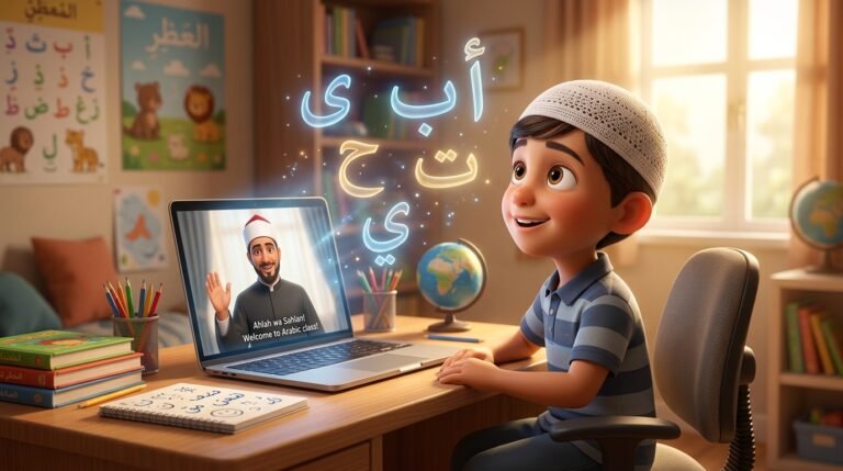 طفل مسلم يبتسم وينظر بفضول إلى حروف عربية مضيئة مع معلم أزهري عبر الشاشة