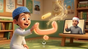 طفل يتدرب على نطق حرف الباء بالفتحة مع تشجيع المعلم الأزهري أونلاين
